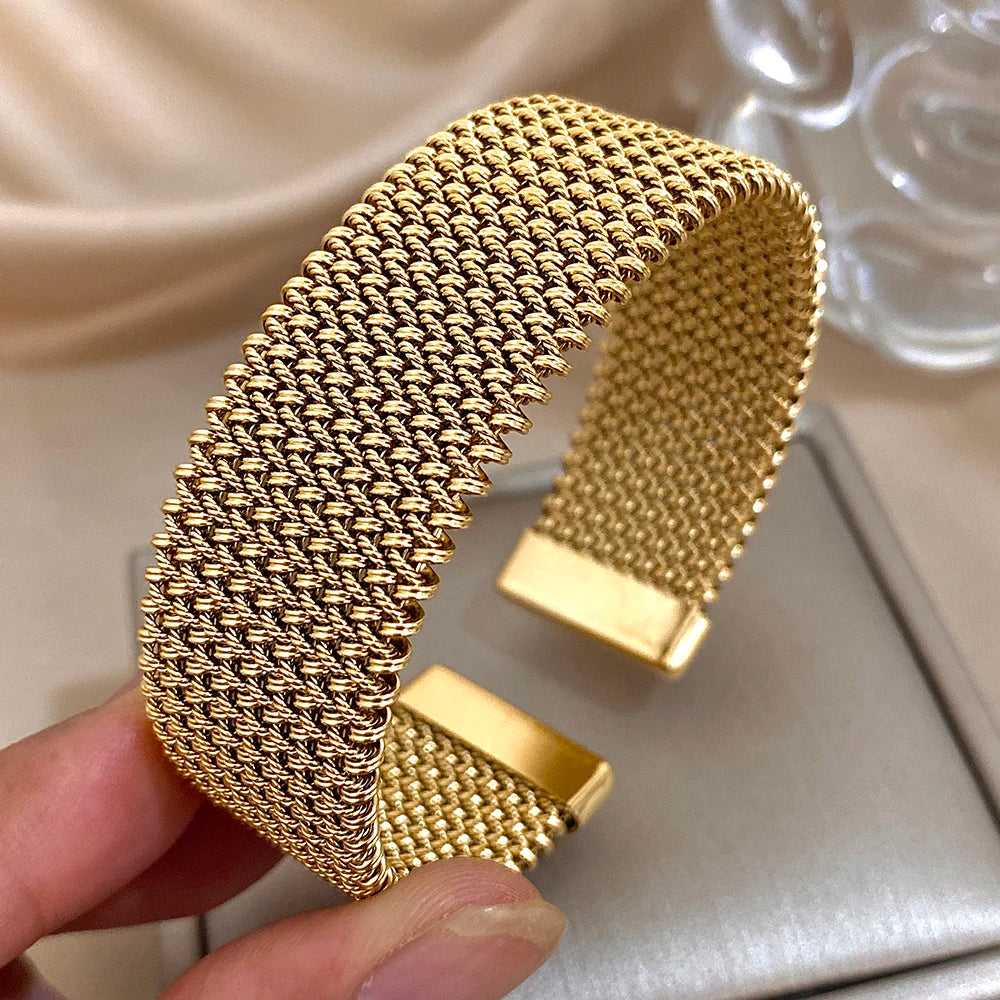Pulseira vintage de malha trançada de aço inoxidável, punho clássico, joias à prova d'água para mulheres, homens, uso diário de festa, joias, presentes