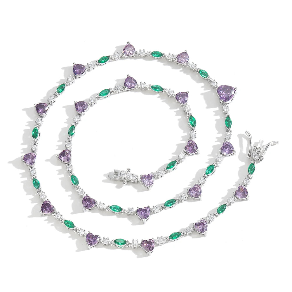 Colar de pedra coração roxo para mulheres, CZ tênis corrente, Bling Bling cadeia, latão, BC182