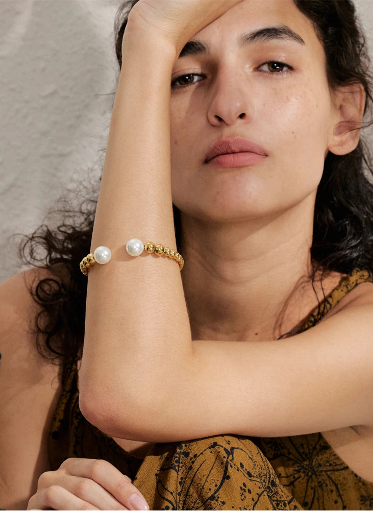 Yhpup 60mm popular redondo grânulo pérola corrente aberta pulseira mancha resistente metal aço inoxidável verão jóias atraentes