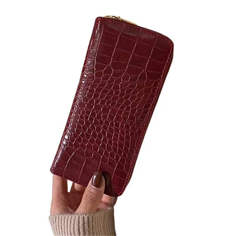 Carteira longa padrão crocodilo para mulheres, bolsa de armazenamento leve casual, grande capacidade, porta-moedas feminina, carteiras simples na moda