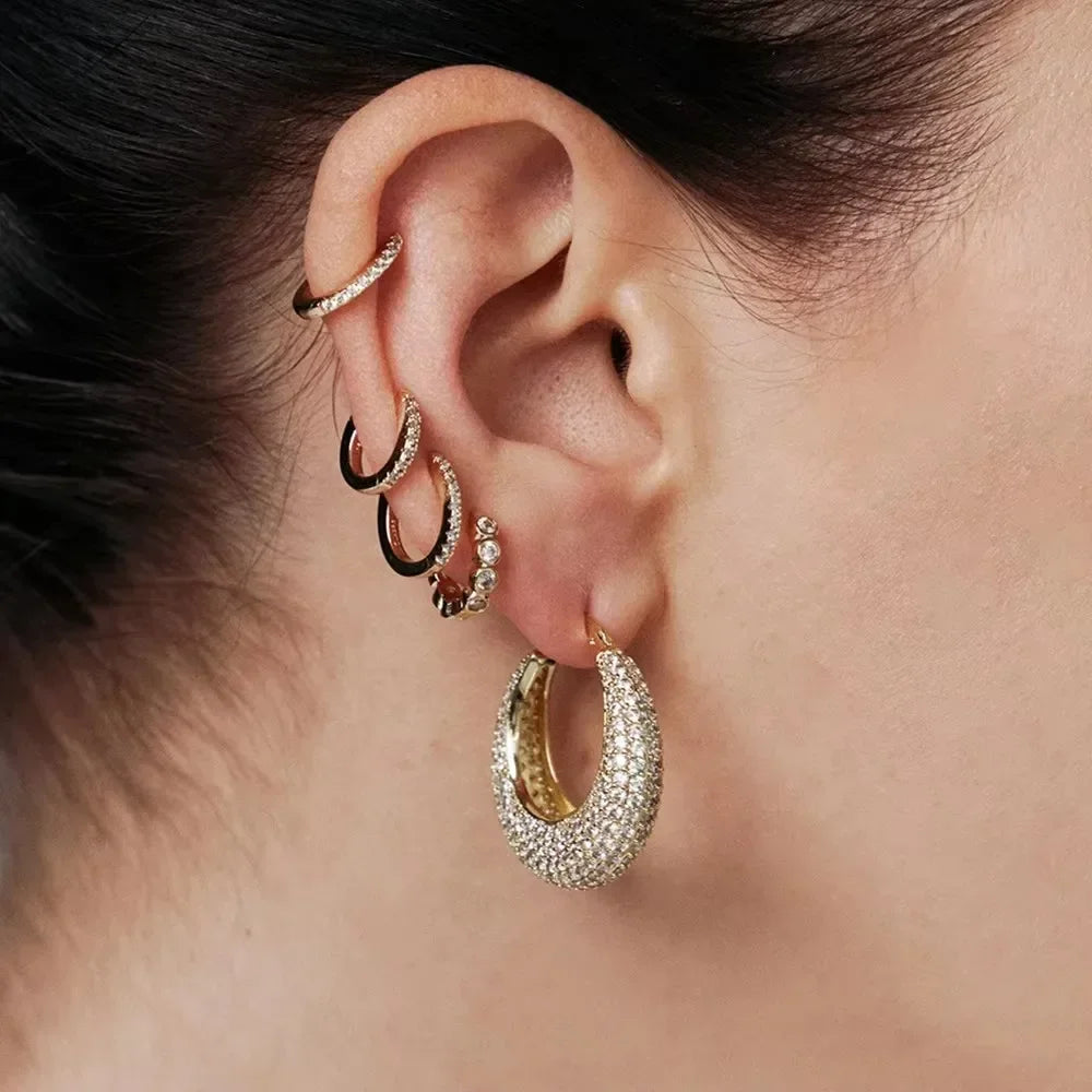 Luxo completo pavimentado strass u forma brincos de argola para mulher 18k banhado a ouro garra círculo c forma brinco jóias de declaração