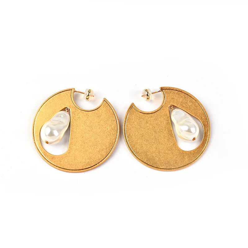 Brincos Minimalistas Geométricos Chapeados Cobre, Ouro Real, Pérolas Barrocas, Joias de Luxo, Francês, Personalidade, 2024
