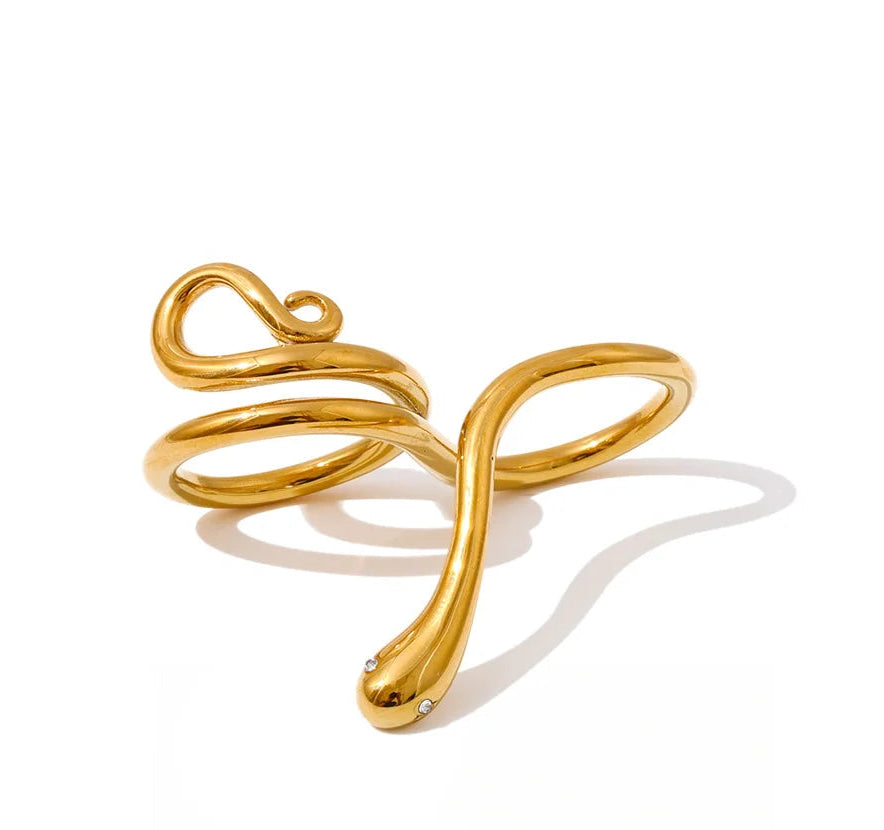 Yhpup 7 #   Anel de dedo duplo em forma de cobra de aço inoxidável com design exclusivo e elegante, joias PVD personalizadas banhadas a ouro 18K