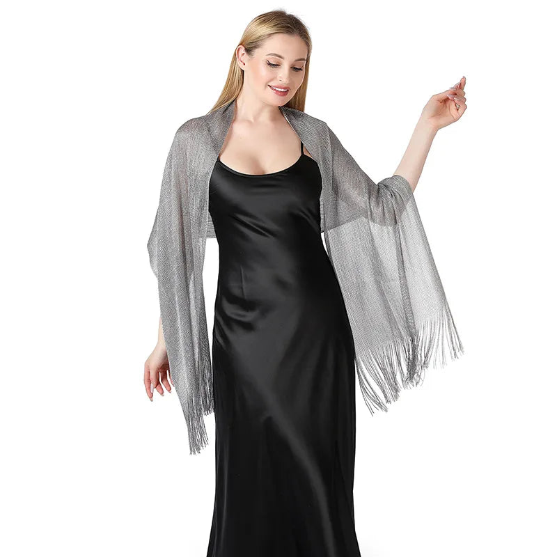 Moda Ouro Prata Brilhante Silk Sunscreen Scarf Feminino Long Tassel Evening Party Dress Xaile Verão Fino Praia Bikini Sun Cloak