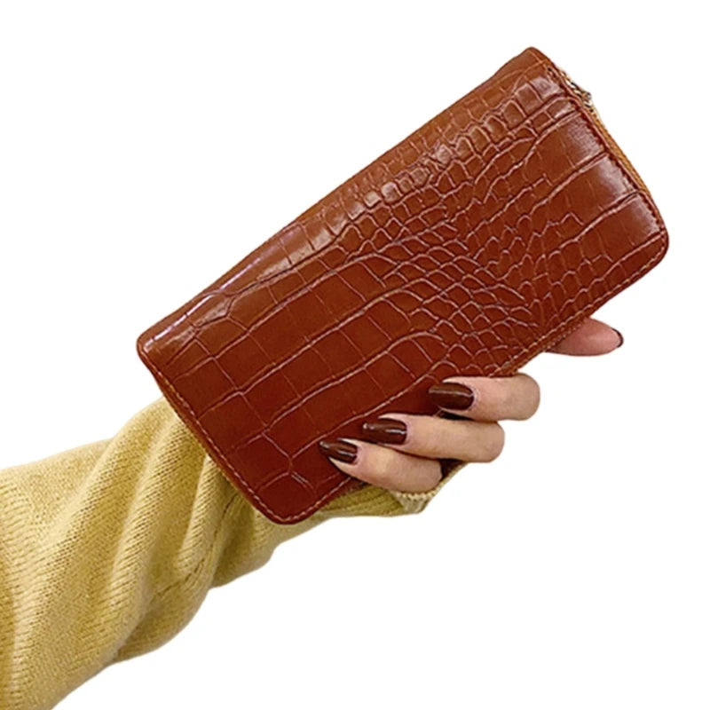 Carteira longa padrão crocodilo para mulheres, bolsa de armazenamento leve casual, grande capacidade, porta-moedas feminina, carteiras simples na moda