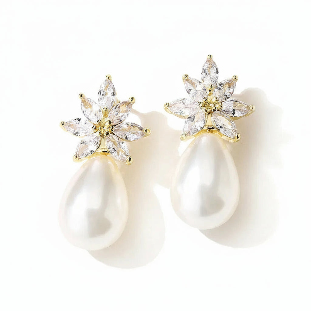 Zakol elegante 12mm imitação de pérola gota de água brincos pendurados para mulheres faísca flor casamento noiva joias da moda