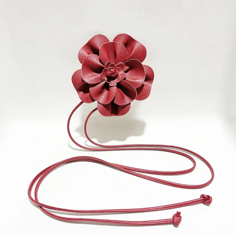 Cinto de couro PU boêmio – faixa envoltória com gravata de flor grande e laço para decoração de vestido