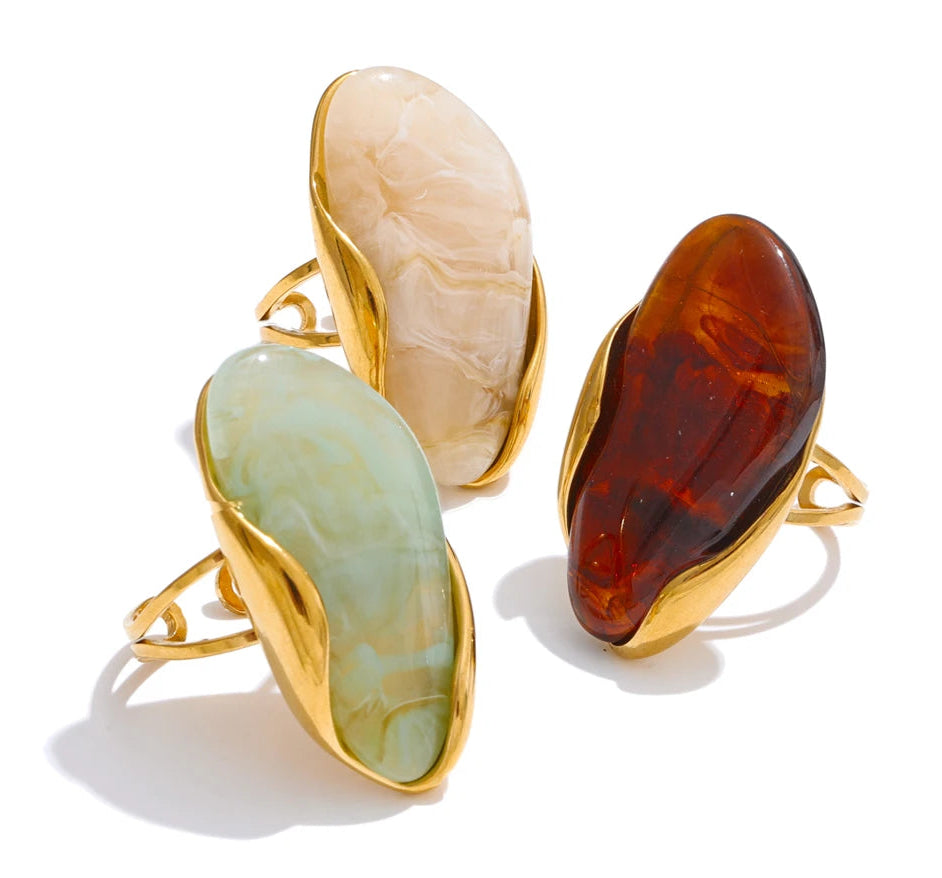 Yhpup novo design marrom verde bege resina geométrica anel ajustável dourado pvd aço inoxidável à prova de ferrugem dedo jóias presente