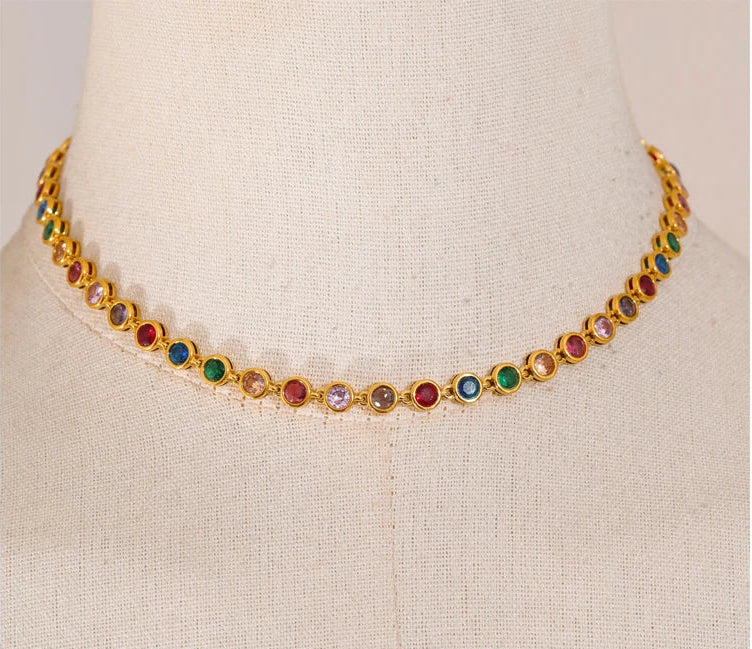 Yhpup requintado colorido zircônia cúbica luxo elenco corrente colar pulseira para mulheres de aço inoxidável à prova dwaterproof água jóias presente