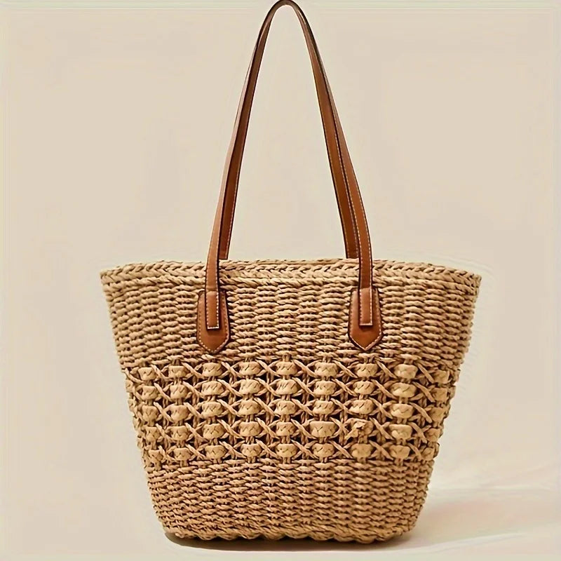 Moda oco saco de palha férias viagem praia saco de ombro feminino grande capacidade trançado sacola de compras diárias saco de mão