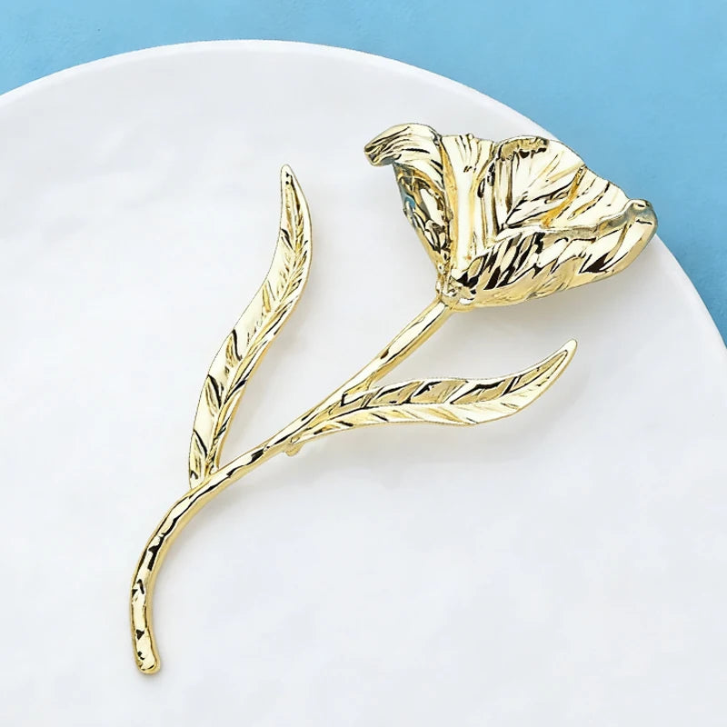 Broche de Flor Tulipa Grande em Metal Elegante Dourado Prateado