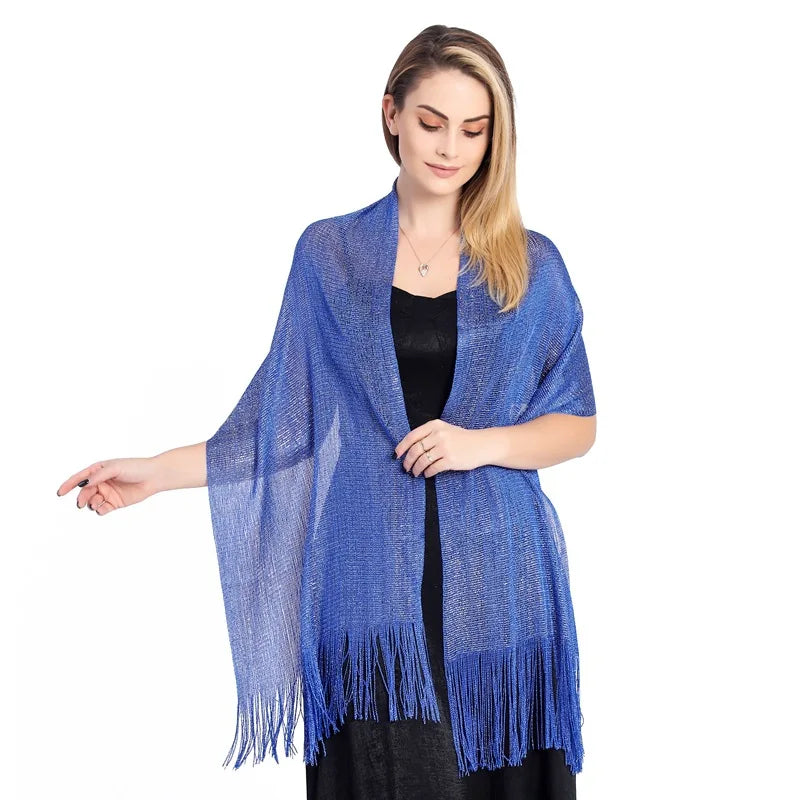 Moda Ouro Prata Brilhante Silk Sunscreen Scarf Feminino Long Tassel Evening Party Dress Xaile Verão Fino Praia Bikini Sun Cloak