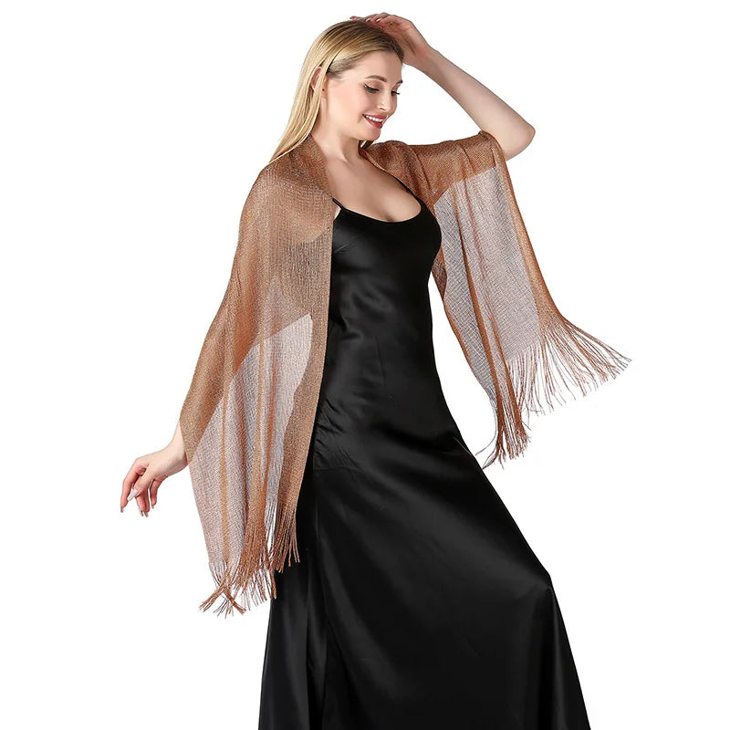 Moda Ouro Prata Brilhante Silk Sunscreen Scarf Feminino Long Tassel Evening Party Dress Xaile Verão Fino Praia Bikini Sun Cloak
