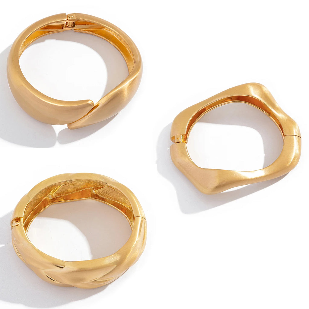 Ingemark Classic Vintage Matte Irregular Heavy Metal Chunky Wide Cuff Bangles Women Punk Gold Color Spring Bracelet Men Jewelry