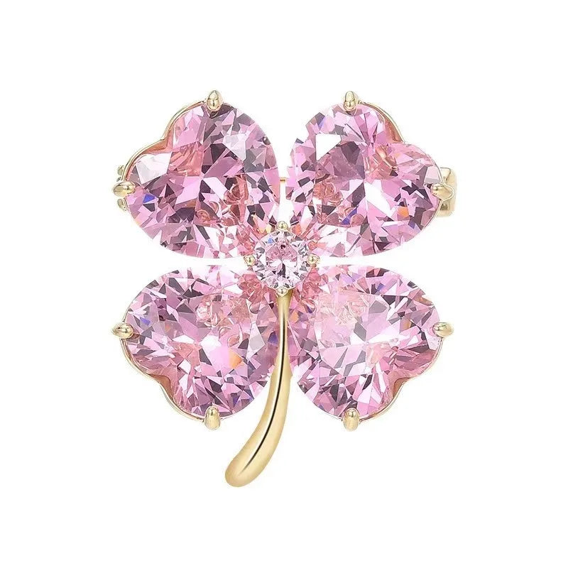 Broches de trevo de quatro folhas de grama de cristal rosa da sorte para meninas alfinete de lapela vintage terno de casamento acessórios de joias presentes