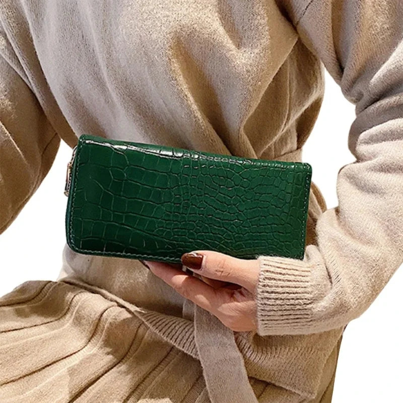 Carteira longa padrão crocodilo para mulheres, bolsa de armazenamento leve casual, grande capacidade, porta-moedas feminina, carteiras simples na moda