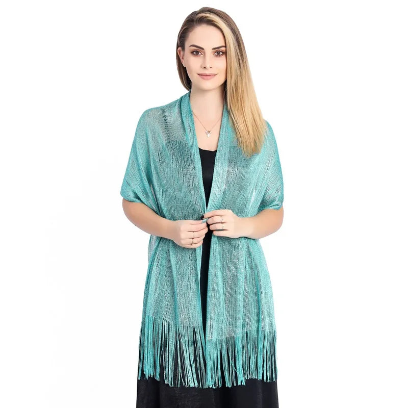 Moda Ouro Prata Brilhante Silk Sunscreen Scarf Feminino Long Tassel Evening Party Dress Xaile Verão Fino Praia Bikini Sun Cloak