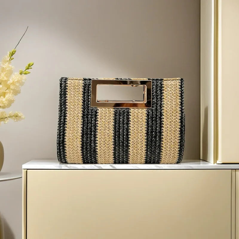 Bolsa de mão de palha tecida elegante para mulheres, bolsa de jantar elegante, bolsa portátil, padrão de jacaré, interior de poliéster