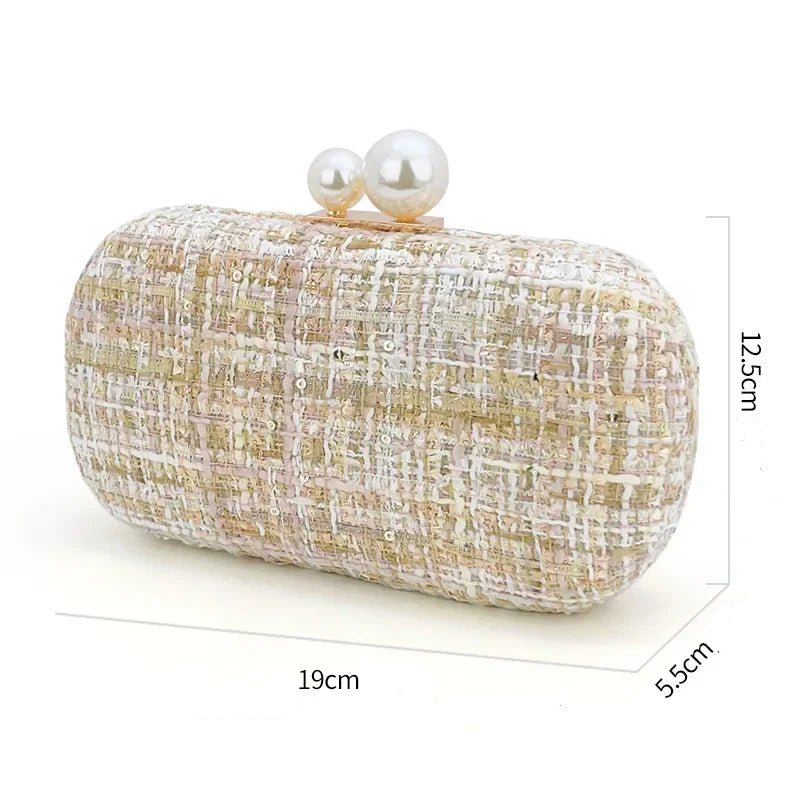 Saco de noite Sequin Tweed Faux Pearl Clutch Purse Bolsas Padrão Xadrez para Festa de Casamento Bolsas Crossbody de Ombro Pequeno