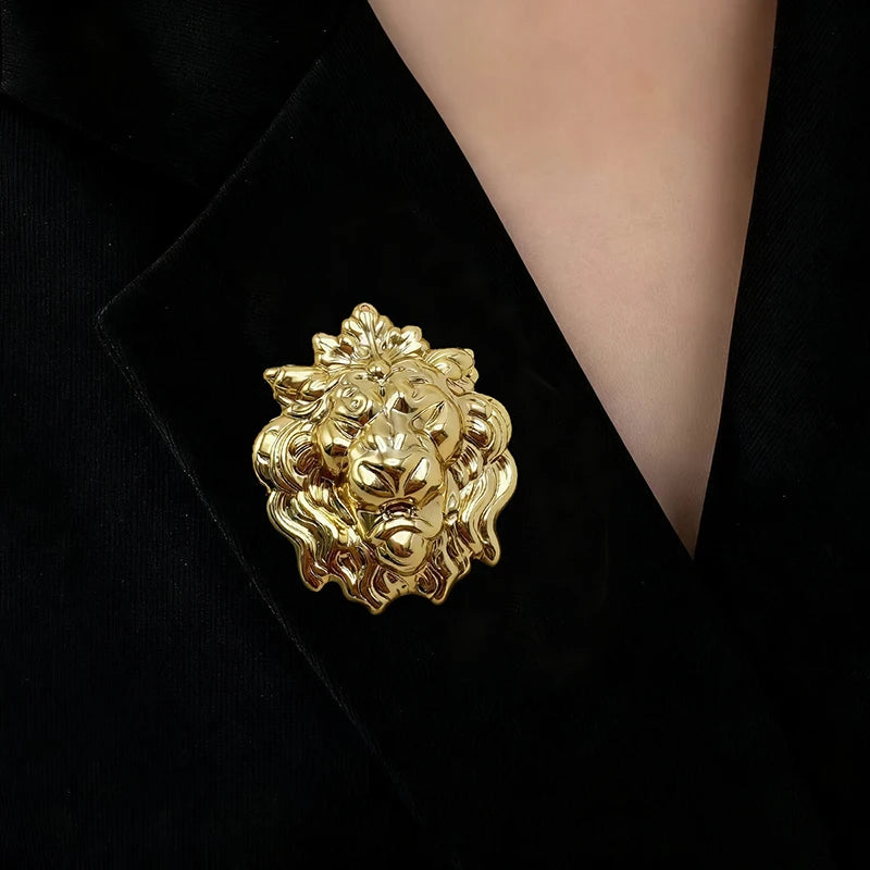 Broche Cabeça de Leão Dourado Estilo Ocidental Feminino para Jaquetas