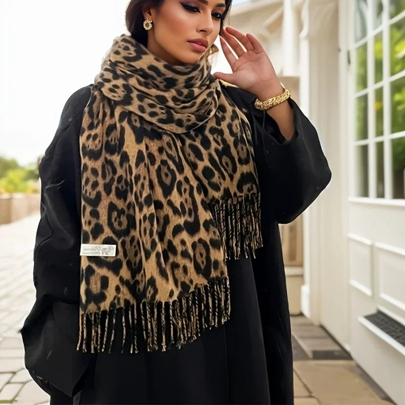 Retro leopardo cachecol feminino outono inverno clássico borla xale 2025 calor quente sexiness