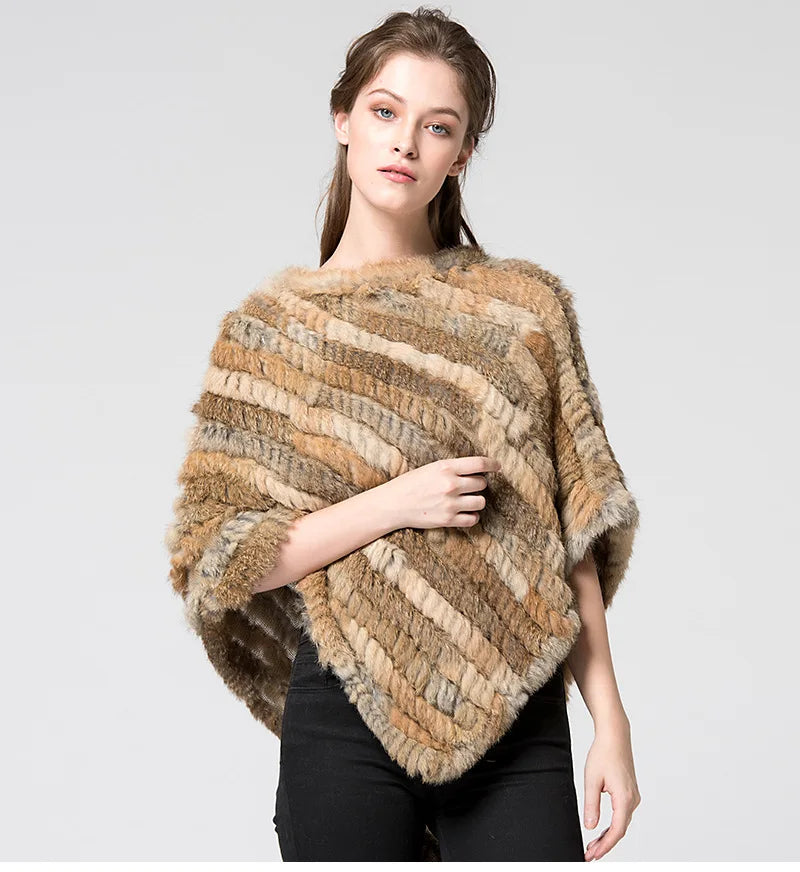 Real pele de coelho de malha natural poncho colete moda envoltório casaco xale senhora cachecol pele natural festa de casamento atacado capa
