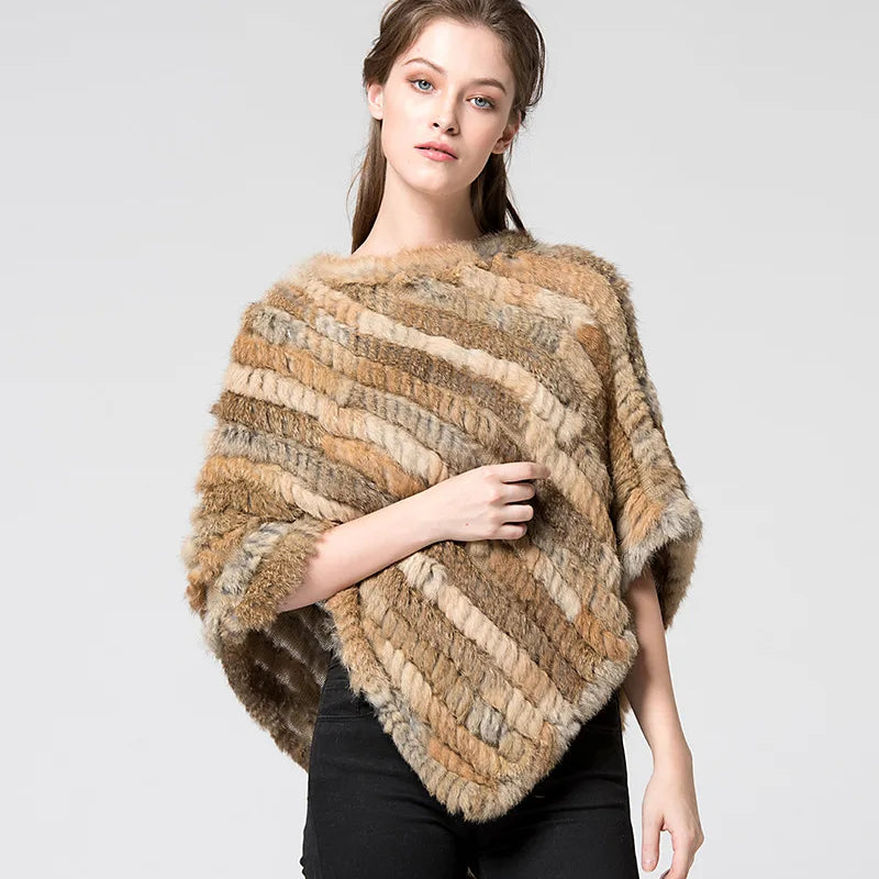 Real pele de coelho de malha natural poncho colete moda envoltório casaco xale senhora cachecol pele natural festa de casamento atacado capa