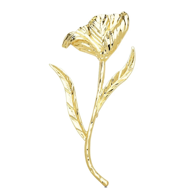 Broche de Flor Tulipa Grande em Metal Elegante Dourado Prateado