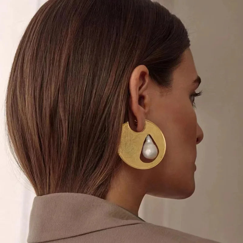 Brincos Minimalistas Geométricos Chapeados Cobre, Ouro Real, Pérolas Barrocas, Joias de Luxo, Francês, Personalidade, 2024