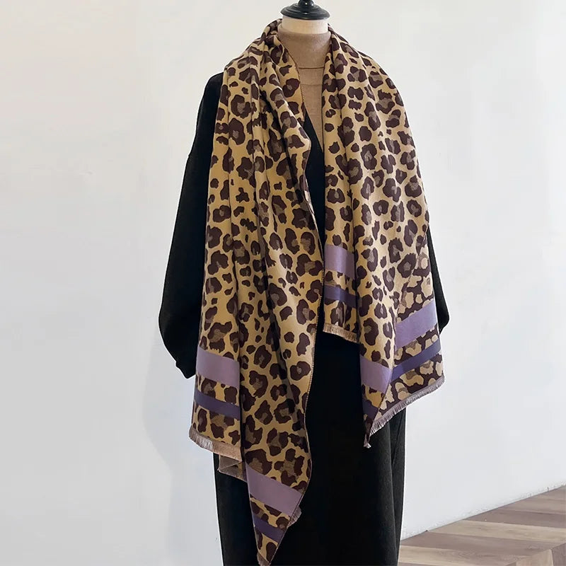 Novo luxo inverno leopardo dupla face cashmere jacquard cachecóis de alta qualidade feminino engrossar envoltório xale senhoras lã pashmina cachecol
