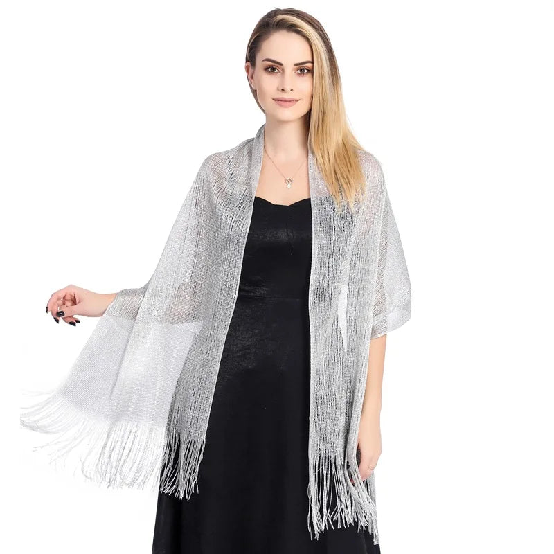 Moda Ouro Prata Brilhante Silk Sunscreen Scarf Feminino Long Tassel Evening Party Dress Xaile Verão Fino Praia Bikini Sun Cloak