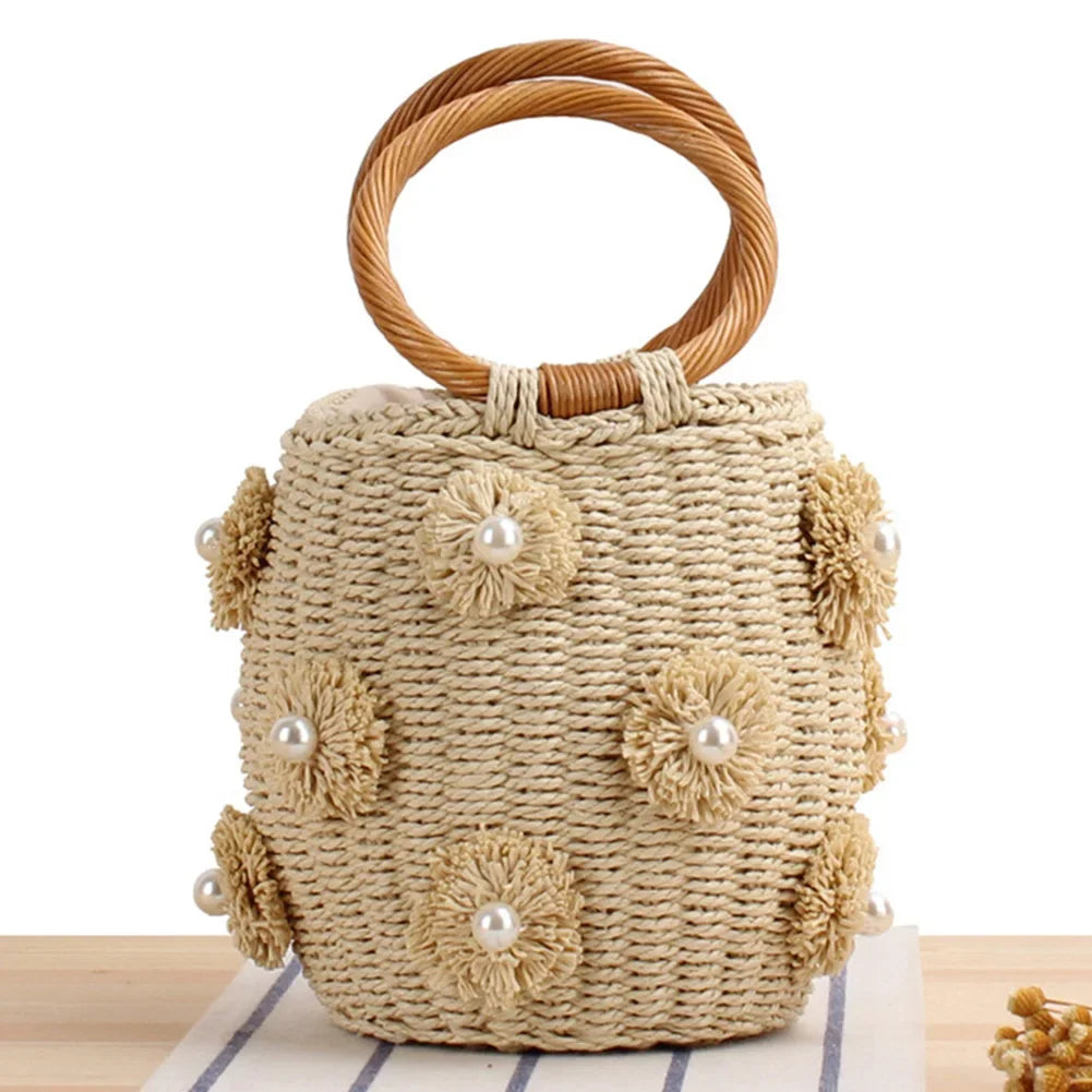 Bolsa feminina de palha com pérolas, bolsa de tecido artesanal com cordão para pulso, bolsa de praia para férias de verão