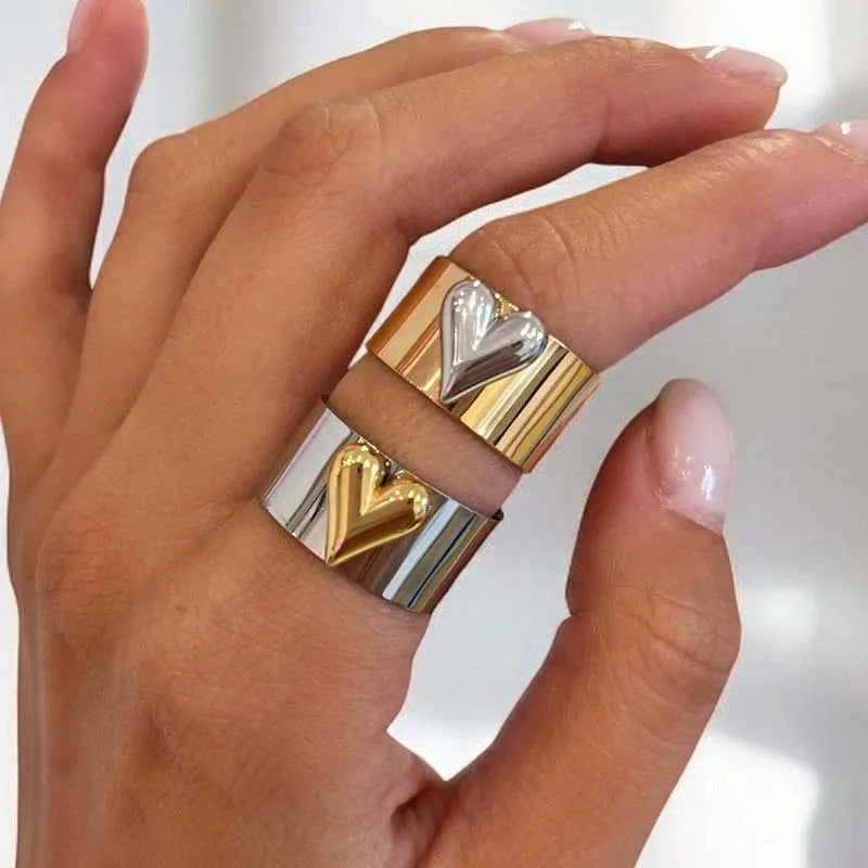 2025 novo design ouro prata cor dois tons metal coração anéis de aço inoxidável para mulheres homens jóias na moda presentes do dia dos namorados