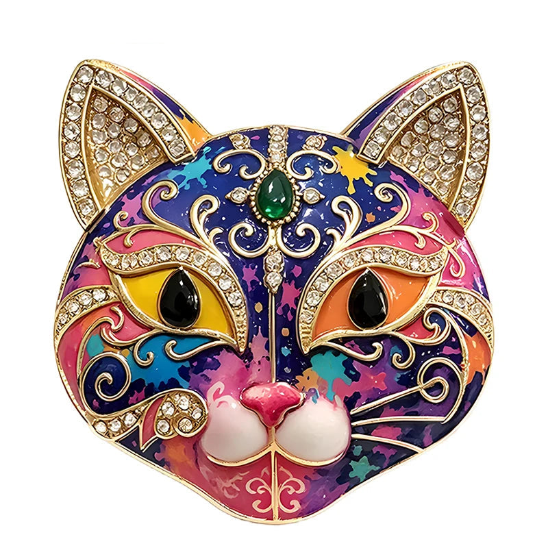 Broche Gato Esmaltado com Strass Elegante Feminino