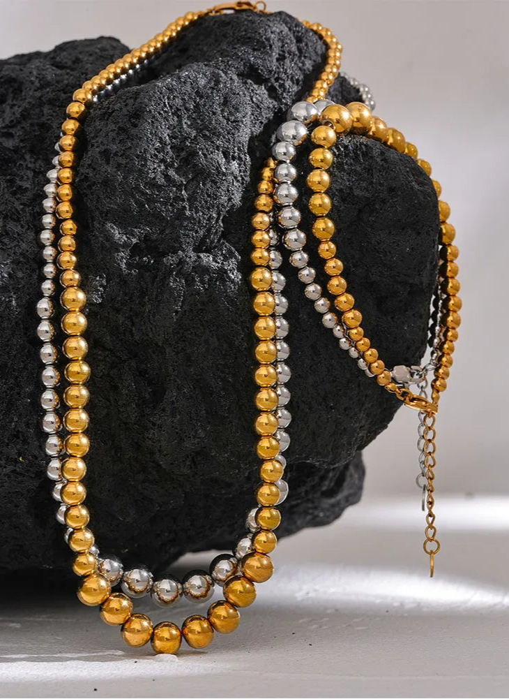 Yhpup contas de aço inoxidável artesanal moda corrente colar pulseira 18k pvd banhado à prova de ferrugem texturizado unissex jóias das mulheres dos homens