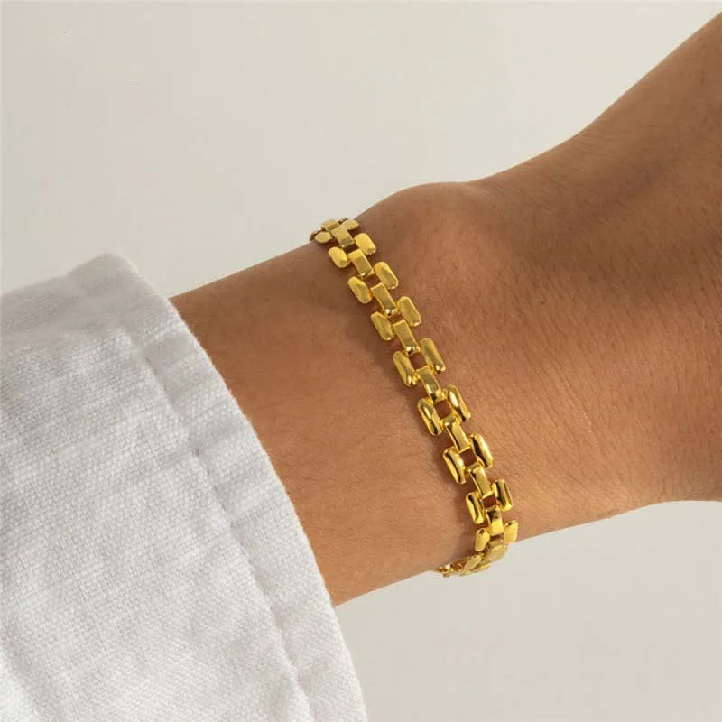 Pulseira de corrente de ligação oca de metal de aço inoxidável para mulheres vintage cor de ouro pulseira de relógio charme pulseiras jóias presentes