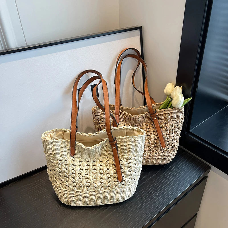 Designer casual rattan vime sacola grande capacidade tecido feminino verão praia palha bolsa senhora viagem grande cesta
