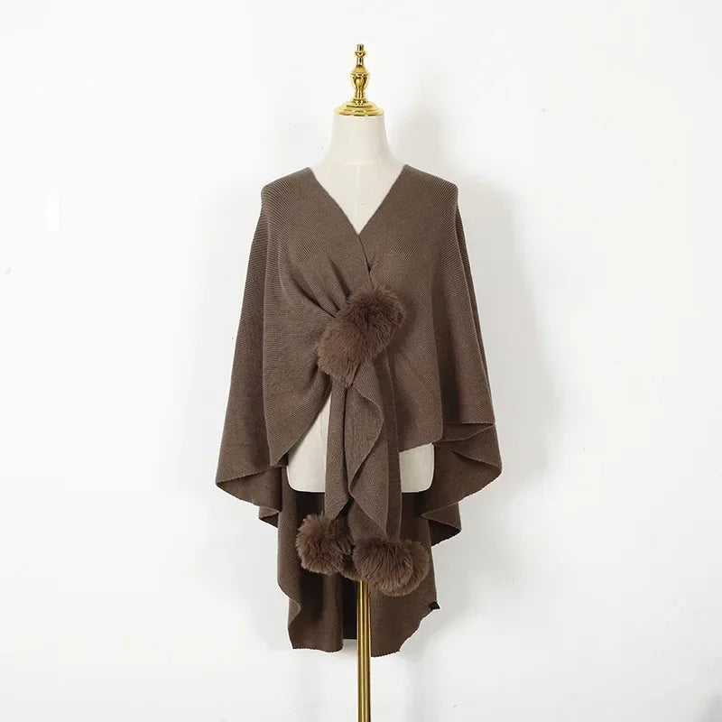 Imitação de lã bola pendurado cardigan outono inverno casaco feminino moda rua xale poncho senhora capas rosa
