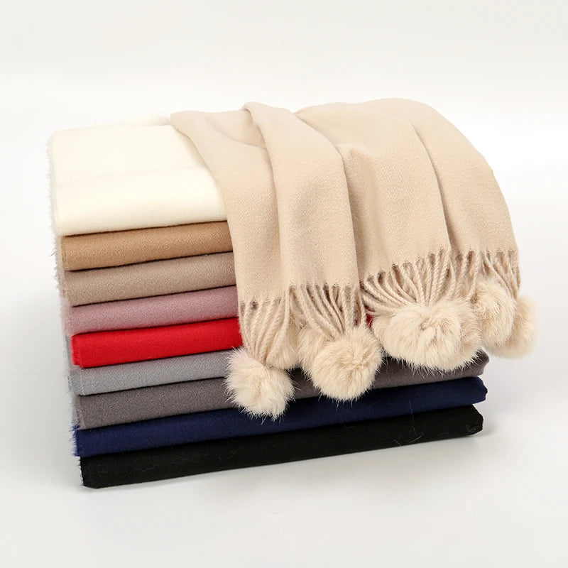 Lenço quente feminino com bola de pele de coelho pashmina lenços grossos xales inverno cashmere pompom cachecol senhoras oversize cobertor envoltório
