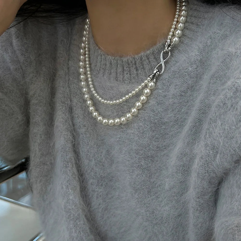 Colar de pérolas de camada dupla, joias coreanas, acessórios de moda feminina, corrente de pérola, gargantilha branca, cinza, corrente de pérolas, casamento