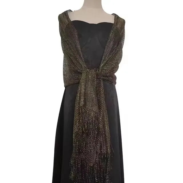 Moda Ouro Prata Brilhante Silk Sunscreen Scarf Feminino Long Tassel Evening Party Dress Xaile Verão Fino Praia Bikini Sun Cloak