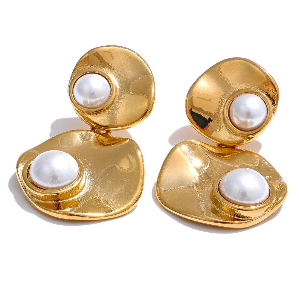 Yhpup elegante imitação de pérolas redondas geométricas brincos pendurados elegantes de aço inoxidável coreano joia diária presente