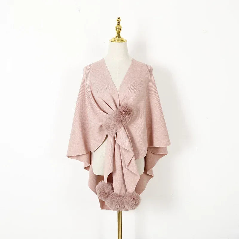 Imitação de lã bola pendurado cardigan outono inverno casaco feminino moda rua xale poncho senhora capas rosa