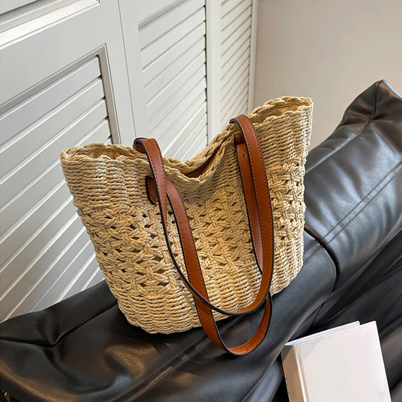 Designer casual rattan vime sacola grande capacidade tecido feminino verão praia palha bolsa senhora viagem grande cesta