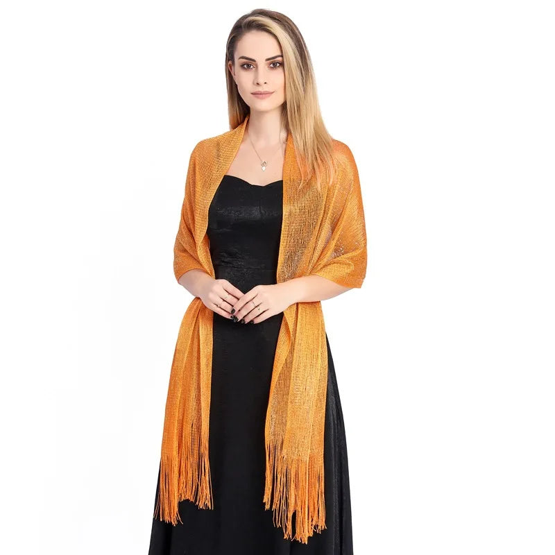 Moda Ouro Prata Brilhante Silk Sunscreen Scarf Feminino Long Tassel Evening Party Dress Xaile Verão Fino Praia Bikini Sun Cloak