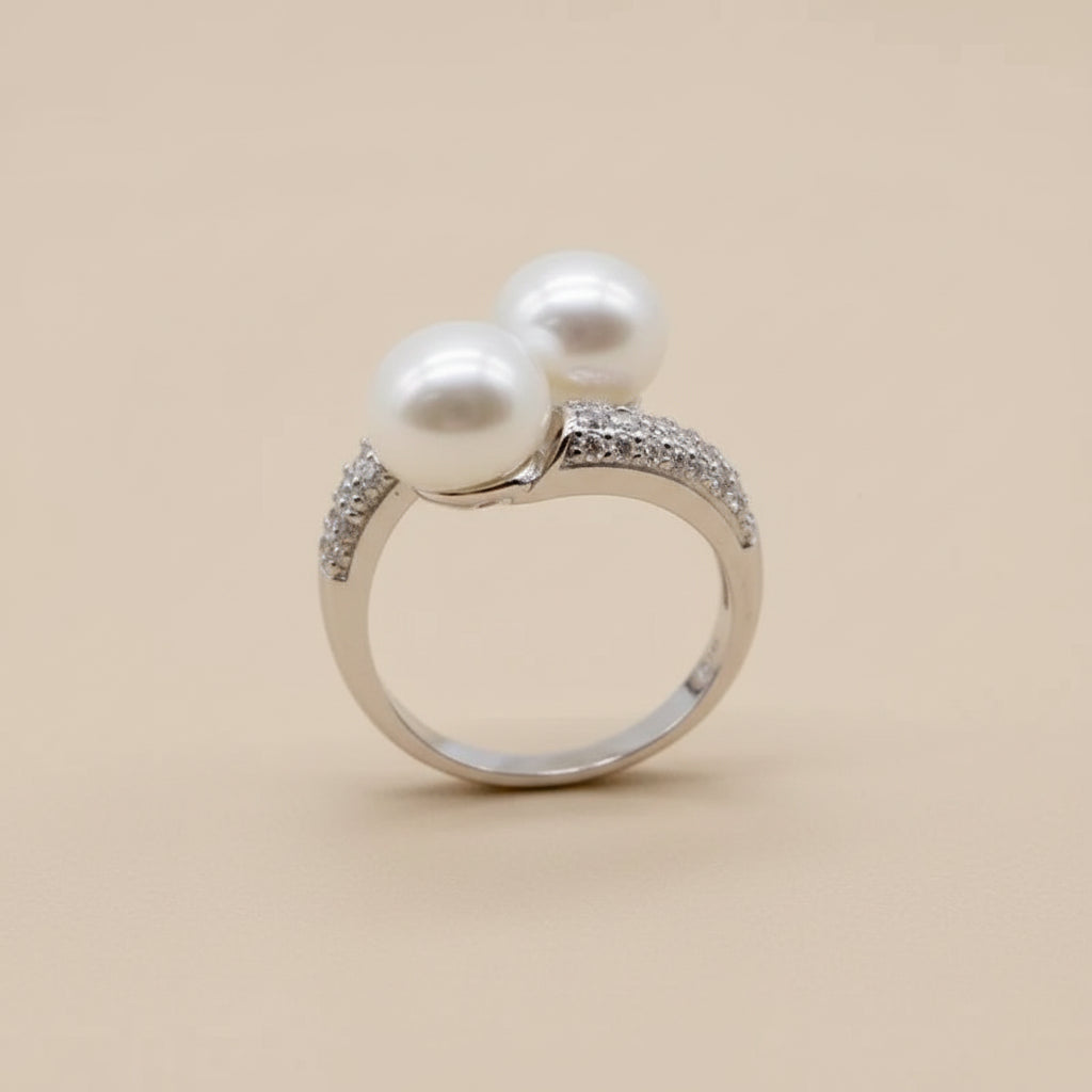 Anéis de pérola duplos ajustáveis para mulheres pérolas naturais de água doce anéis multicoloridos de zircônia prata