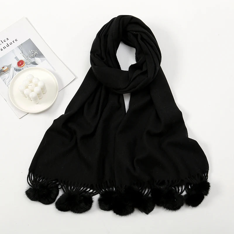 Lenço quente feminino com bola de pele de coelho pashmina lenços grossos xales inverno cashmere pompom cachecol senhoras oversize cobertor envoltório