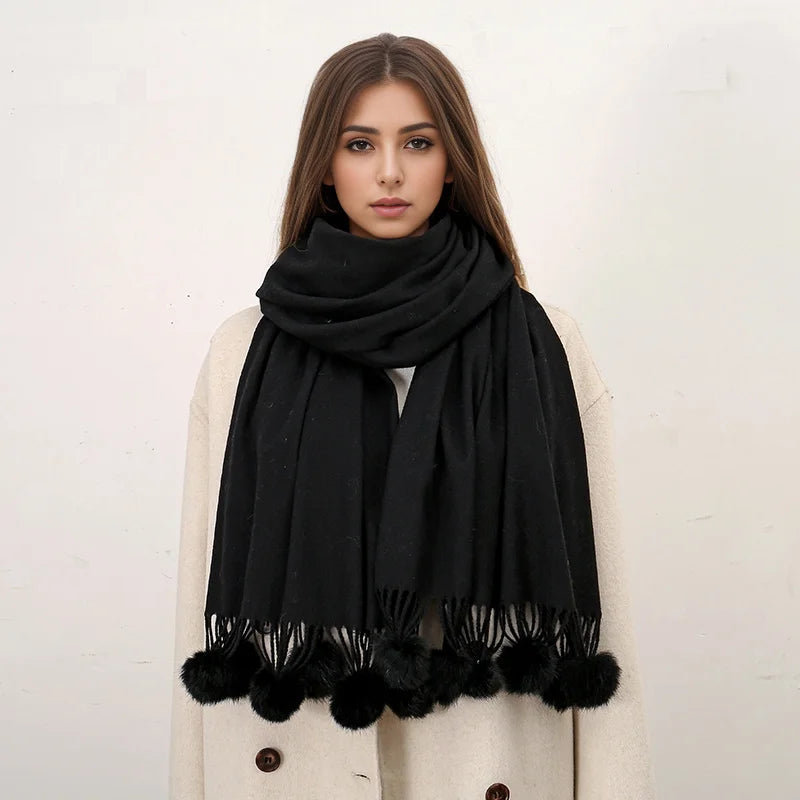 Lenço quente feminino com bola de pele de coelho pashmina lenços grossos xales inverno cashmere pompom cachecol senhoras oversize cobertor envoltório