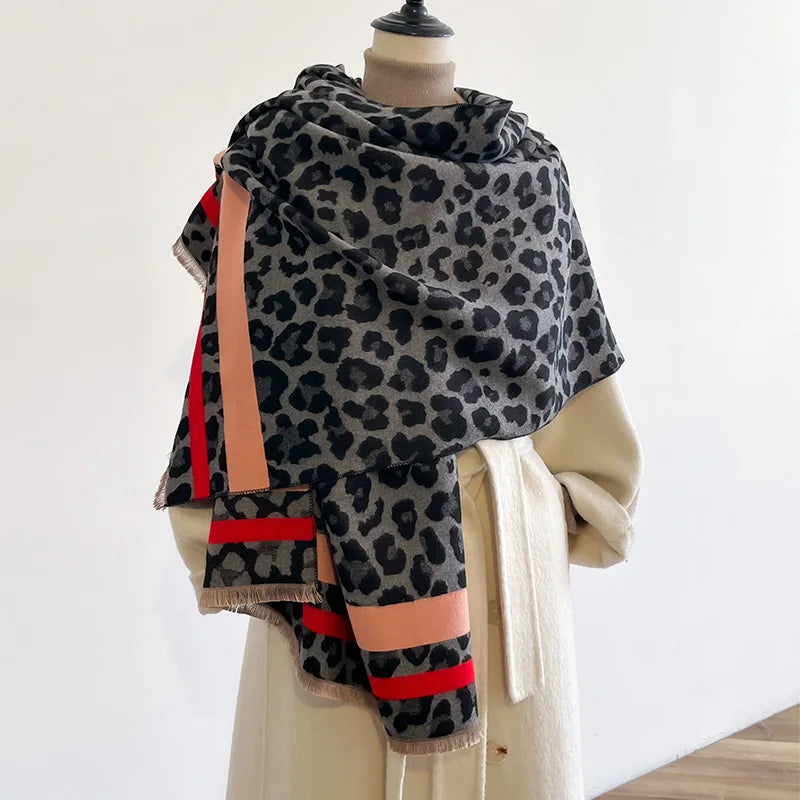 Novo luxo inverno leopardo dupla face cashmere jacquard cachecóis de alta qualidade feminino engrossar envoltório xale senhoras lã pashmina cachecol