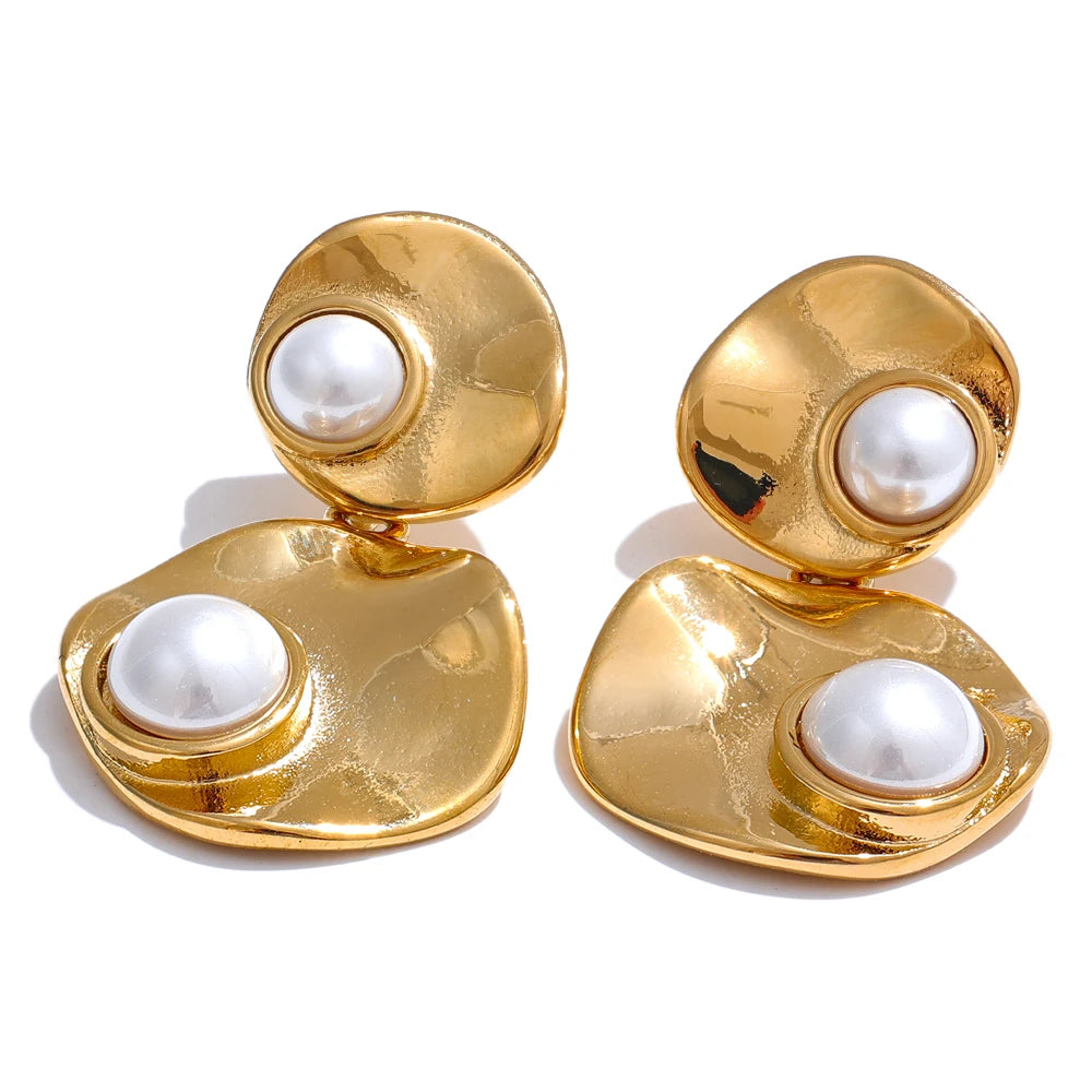 Yhpup elegante imitação de pérolas redondas geométricas brincos pendurados elegantes de aço inoxidável coreano joia diária presente